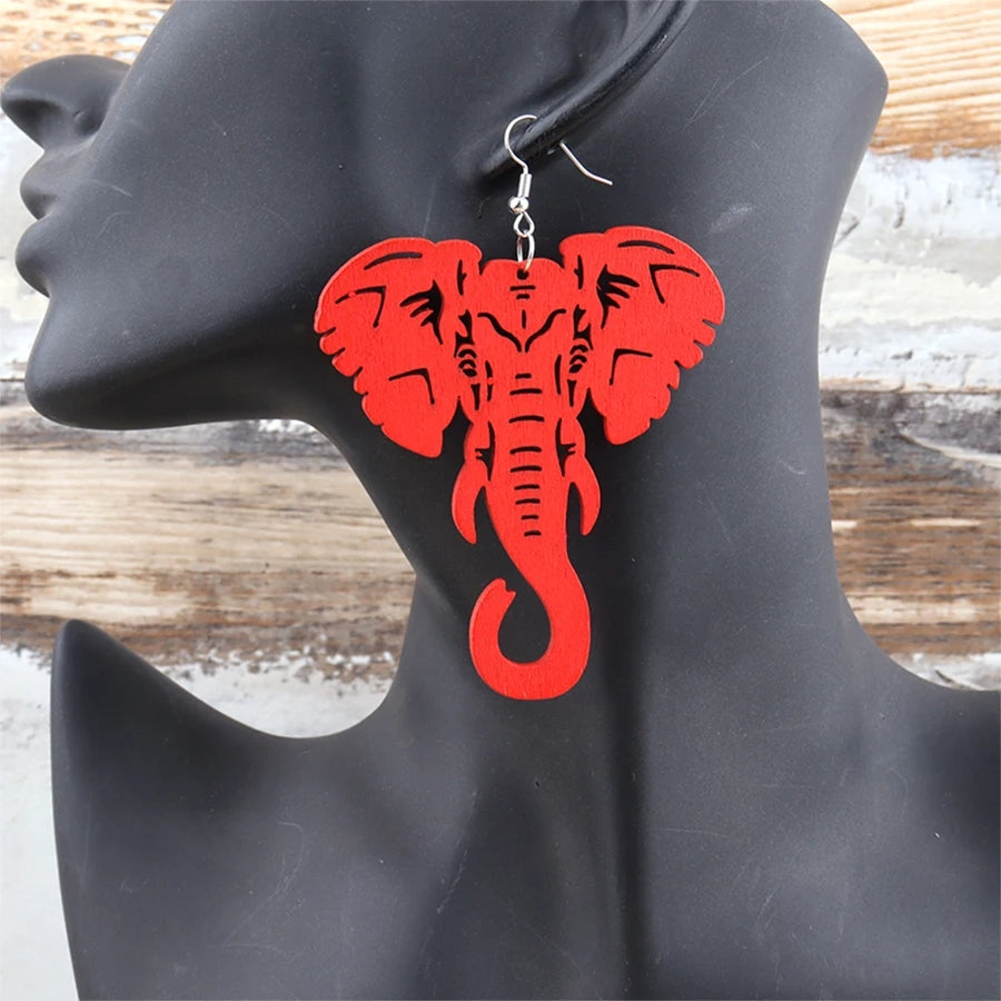 Red Color  Elephant Wood Earrings