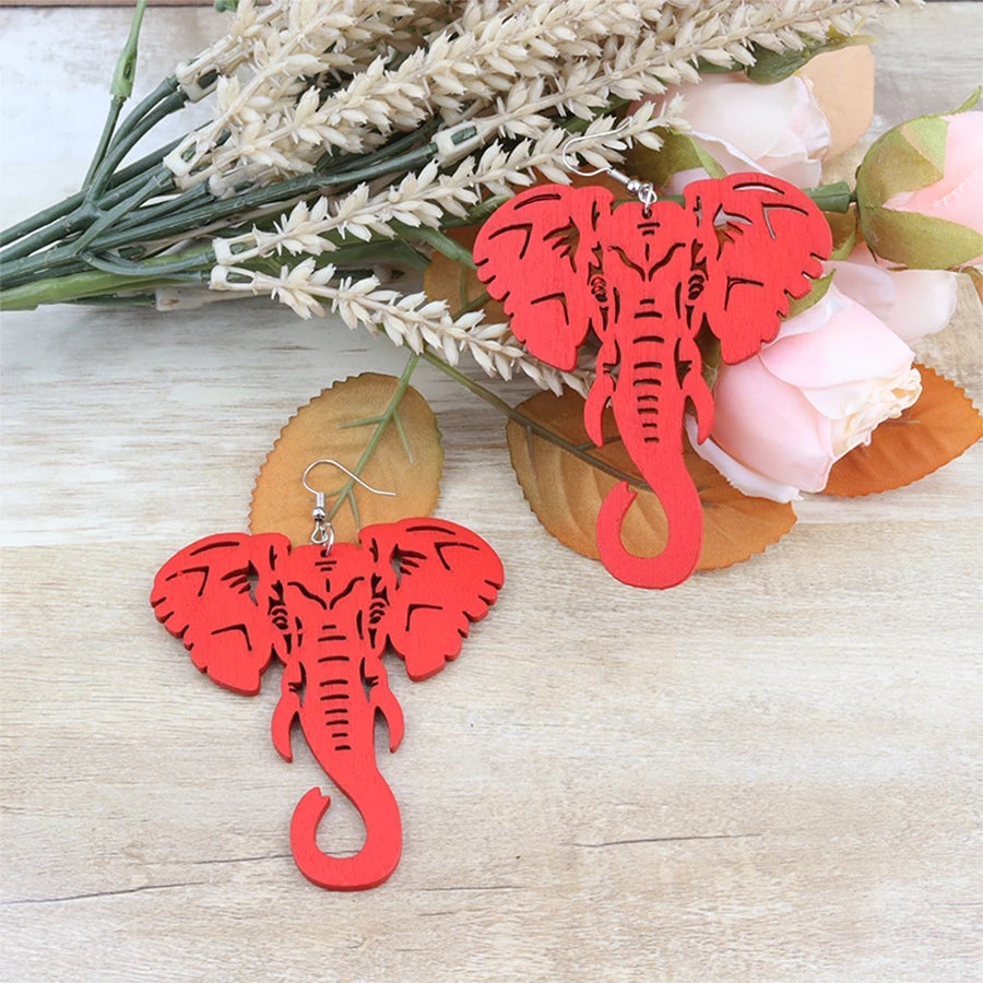 Red Color  Elephant Wood Earrings