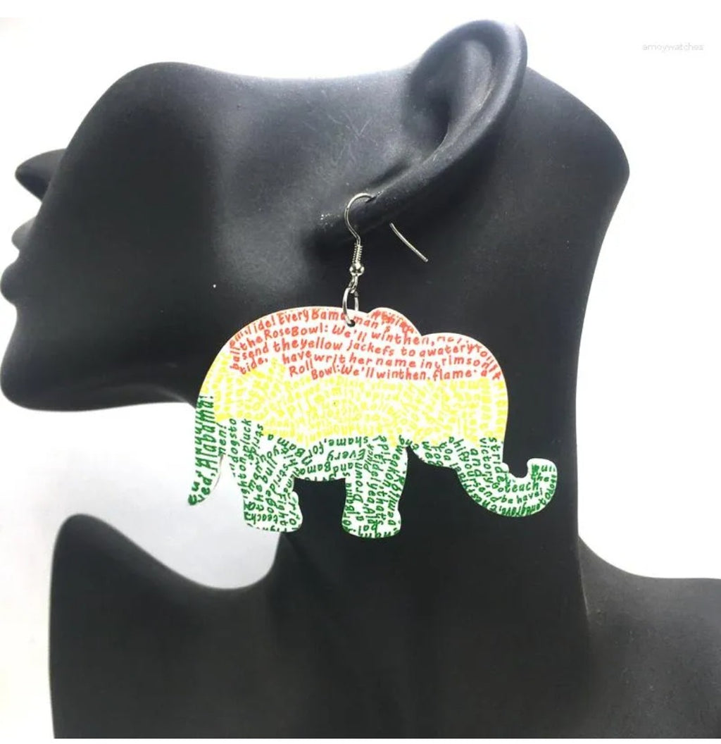 Laser Cut African Elephant Wooden Earrings-red white multi