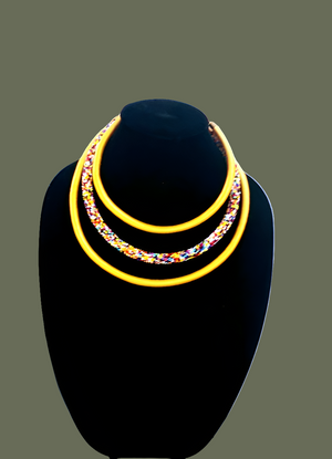 Handmade Thread Bead Triple Layer Necklace earrings Gold Multicolored