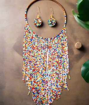 Handbeaded multicolored Waterfall handmade Beaded Necklace set