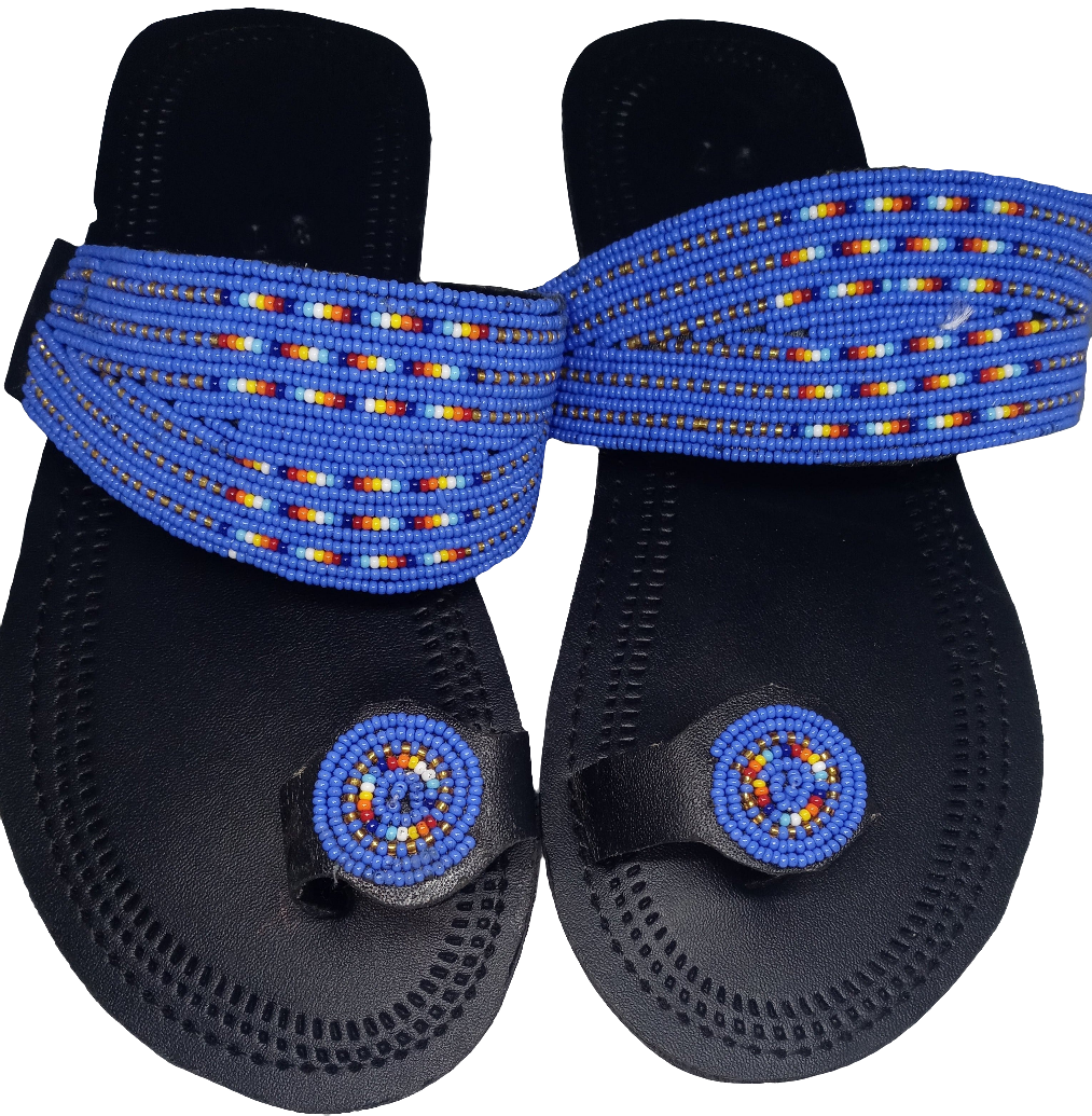 One toe leather beaded handmade Masai Sandals Blue